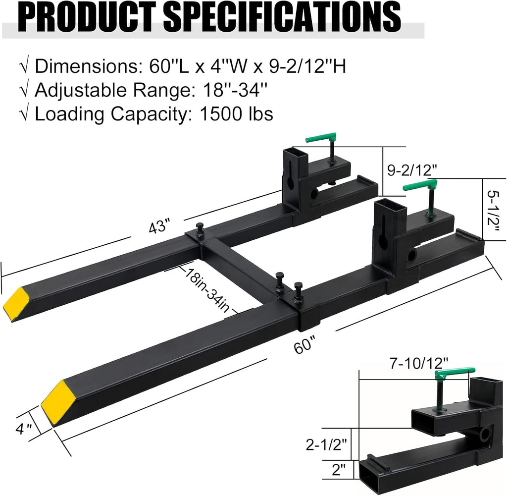 Clamp on Pallet Forks with Adjustable Stabilizer Bar 60' 1500lbs Max, Heavy Duty Pallet Forks Clamp On for Tractor Bucket
