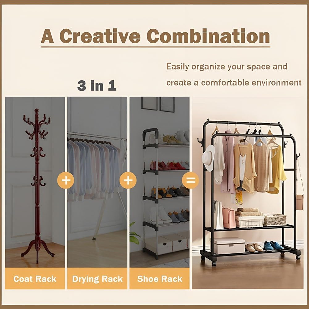 Doubl Rods Garment Rack Heavy Duty Clothes Rail Organizer with Wheels, 4 Hooks and 2 Bottom Shelf for Shoe and Clothes Storage