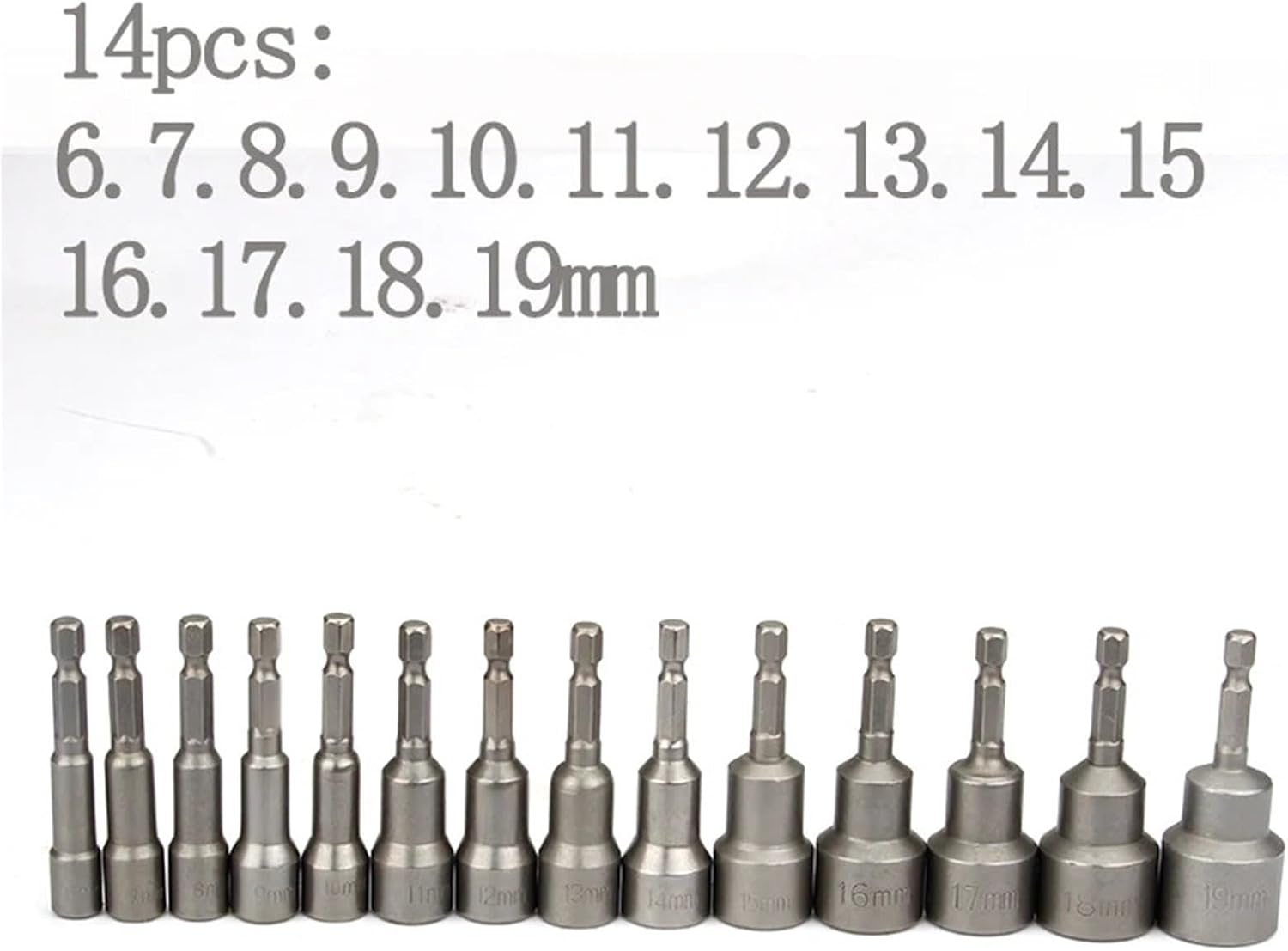 65mm Length Electric Power Magnetic Screwdriver Nut Driver Set Impact 1/4' Hex Shank Metric Wrench Socket Bit 6-24mm(14pcs 6-19mm)