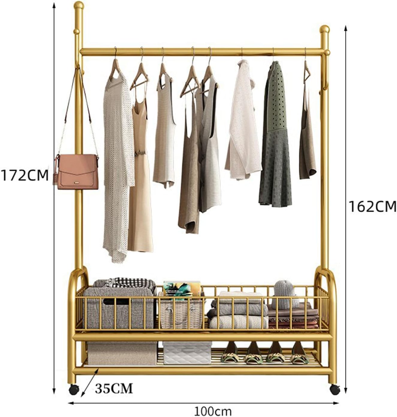 Rolling Garment Rack, Portable Closet Wardrobe with Storage Basket and 4 Hooks Clothing Rack Freestanding Closet Metal Clothing Rack for Bedroom Living Room Office Mudroom