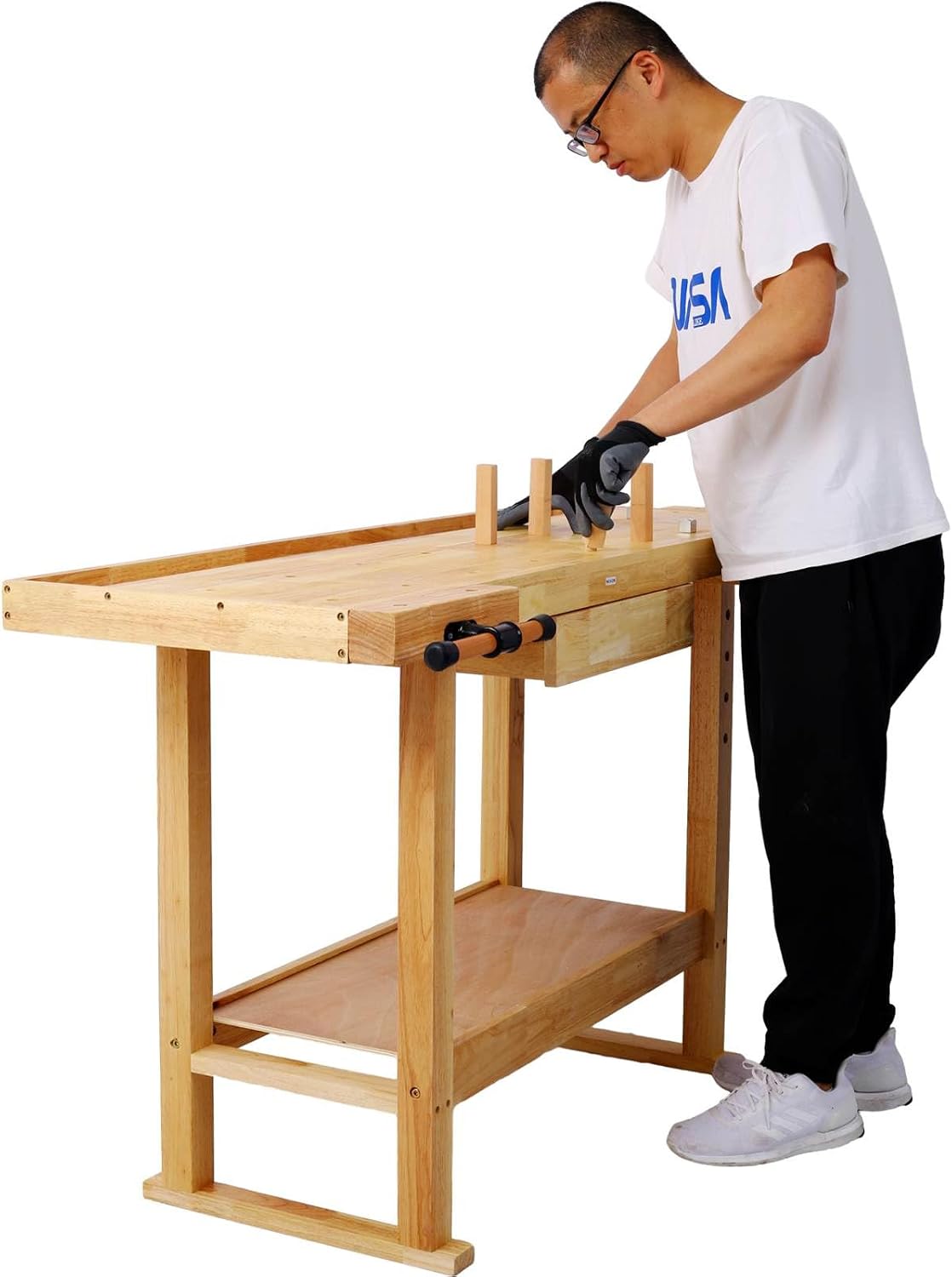 55-Inch Wood Workbench - Wooden Workbench for Garage Workshop and Home Throat for Enhanced Workshop Experience, Versatile & Spacious with Bar Clamps Set 2 pcs 12 inch x 3inch+ 2pcs 24inchx4-3/4 4PCS