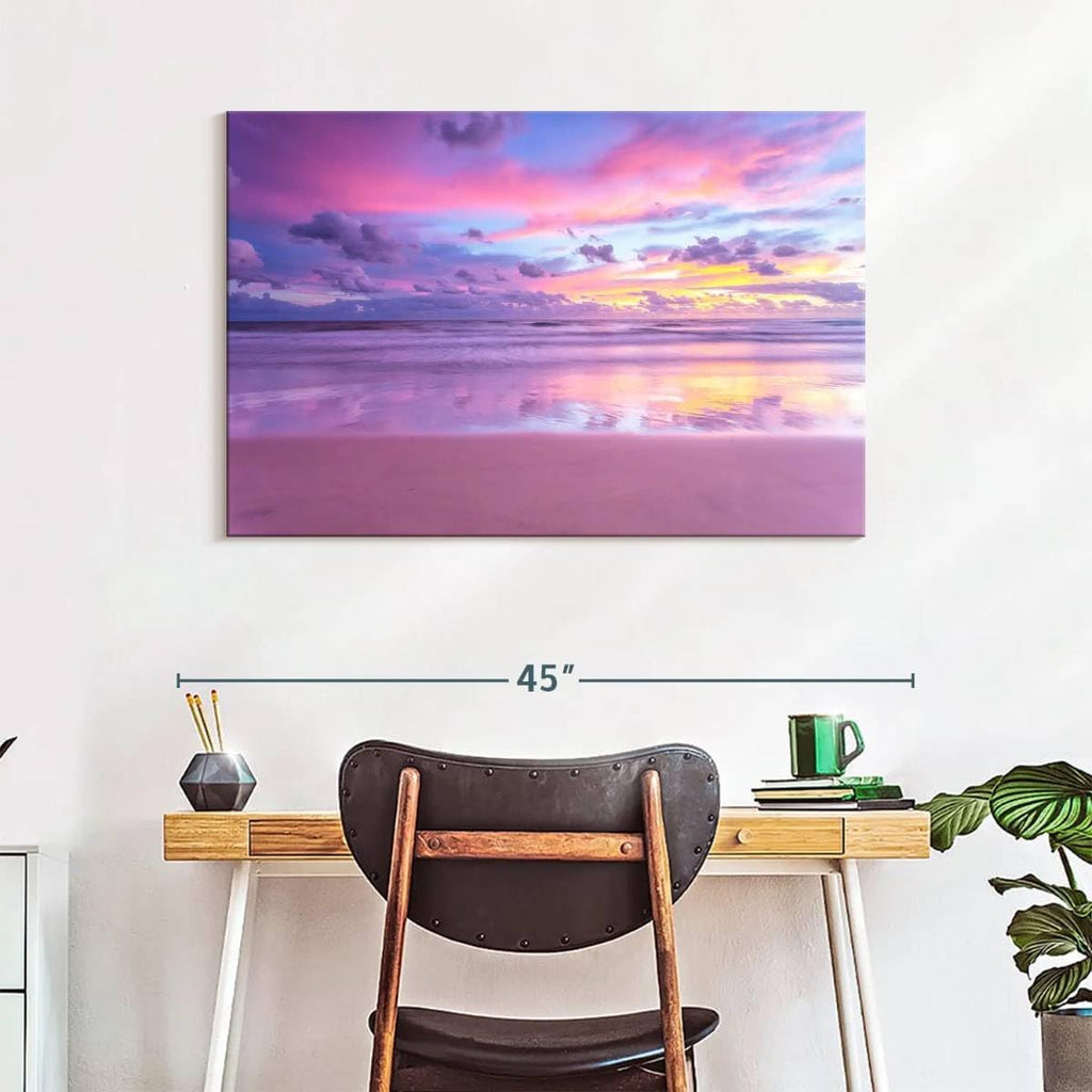ElephantStock Cotton Candy Beach Sunrise Wall Art - Horizontal Wrapped Canvas - 1-Piece Living Room Wall Decor - Photography Beach Canvas Print - Purple and Pink Decor for Wall - 39' X 26'