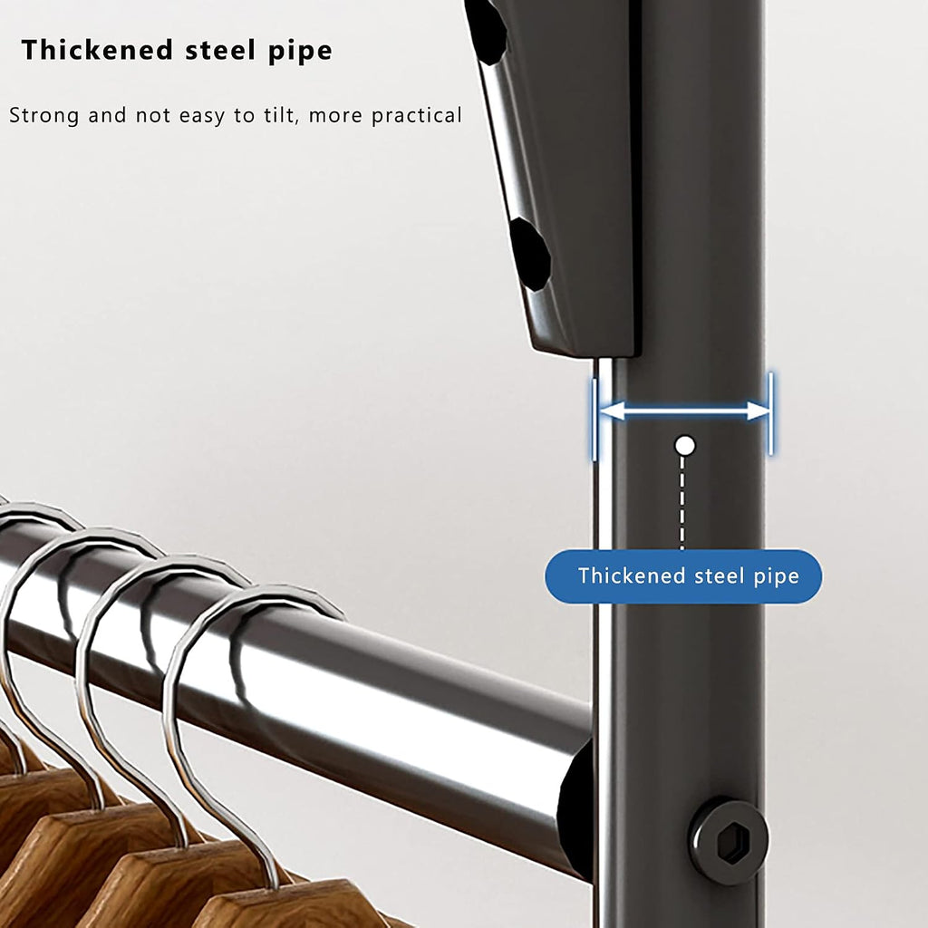 Clothing Rack, Heavy Duty Clothes Rack Portable Garment Rack,with 2-Tier Shelves,5 Side Hooks,Wheels,Multifunctional Storage Shelf Organizer,150x34x173cm
