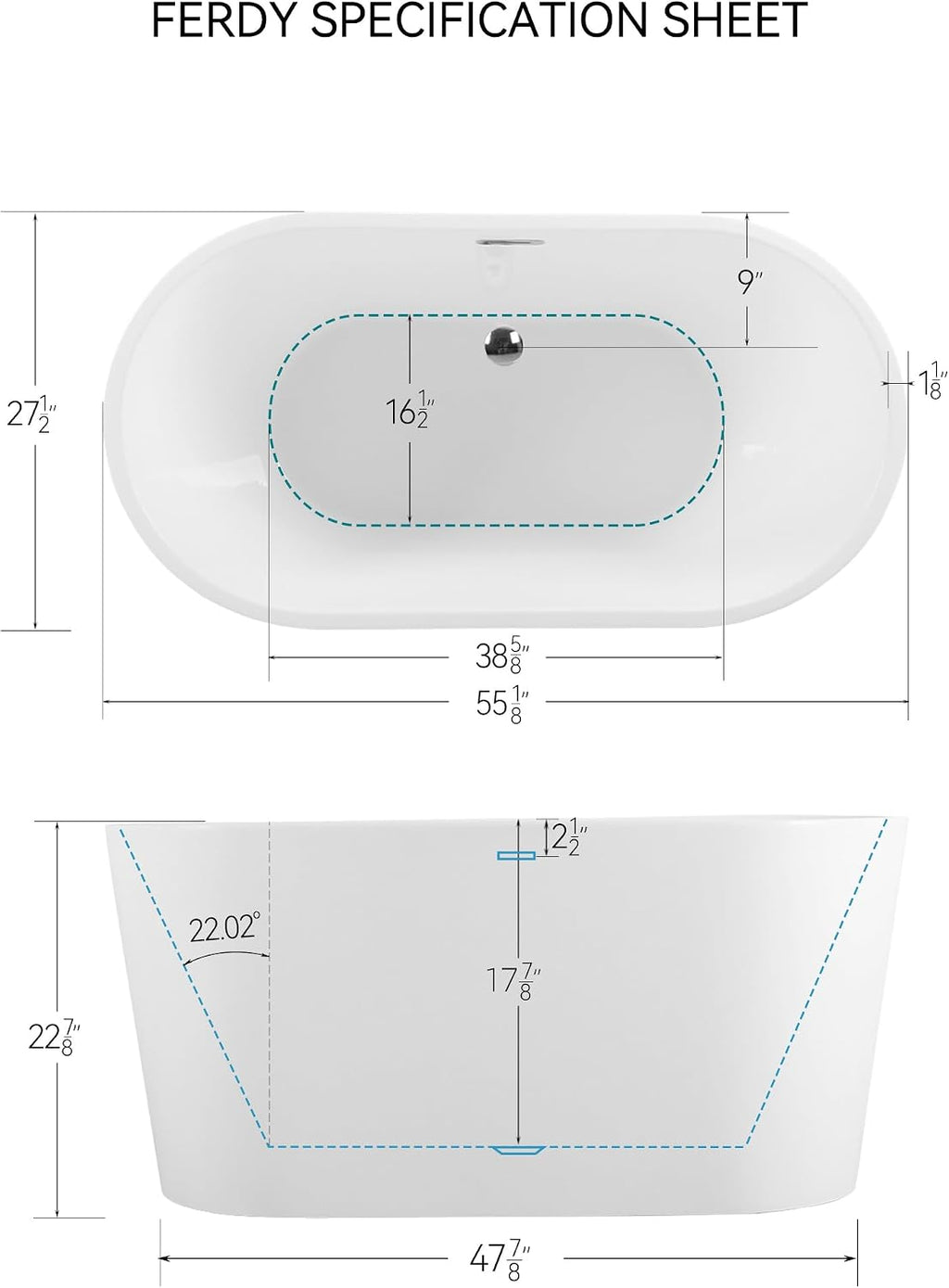 FerdY Luzon 55' Acrylic Freestanding Bathtub, Classic Oval Shape Soaking Bathtub with Toe-Tap Chrome Drain and Classic Slotted Overflow Included, Modern White, cUPC Certified