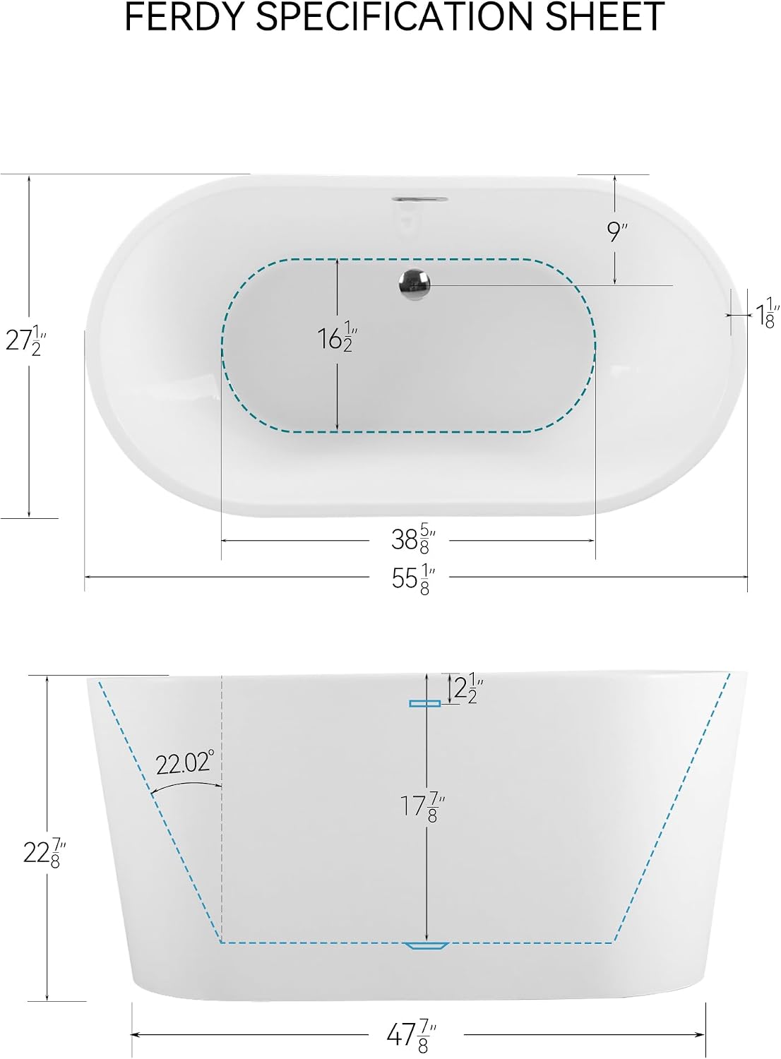 FerdY Luzon 55' Acrylic Freestanding Bathtub, Classic Oval Shape Soaking Bathtub with Toe-Tap Chrome Drain and Classic Slotted Overflow Included, Modern White, cUPC Certified