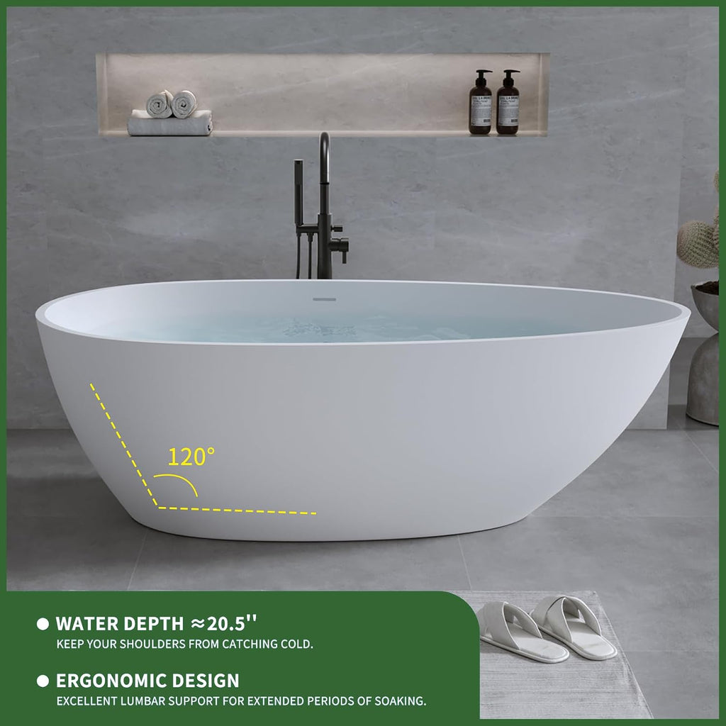 59' Bathtub Acrylic Solid Surface Soaking Tub Freestanding Resin Stone Matte White Stand Alone Tub with Overflow and Pop-Up Drain for Indoor Bathing