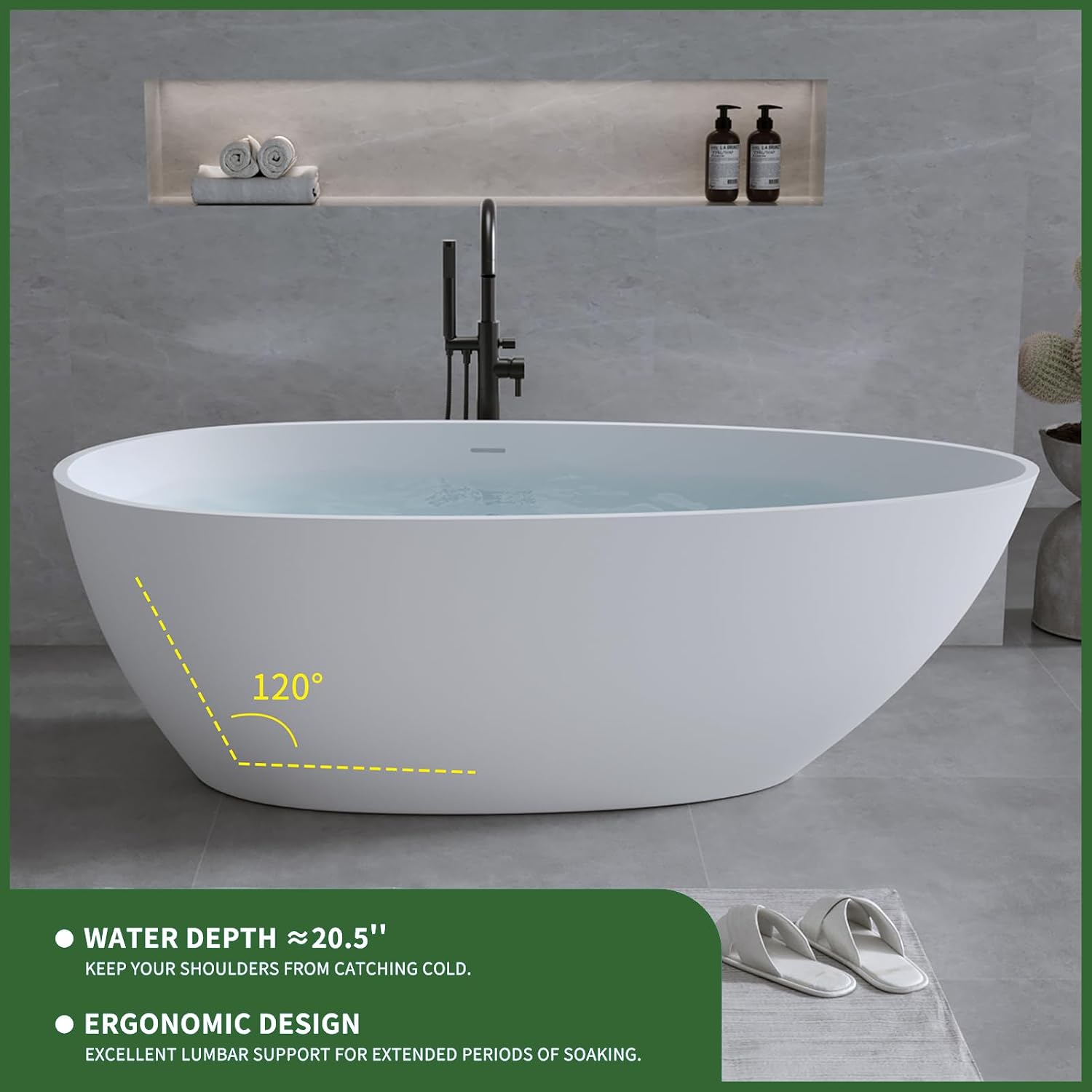 59' Bathtub Acrylic Solid Surface Soaking Tub Freestanding Resin Stone Matte White Stand Alone Tub with Overflow and Pop-Up Drain for Indoor Bathing