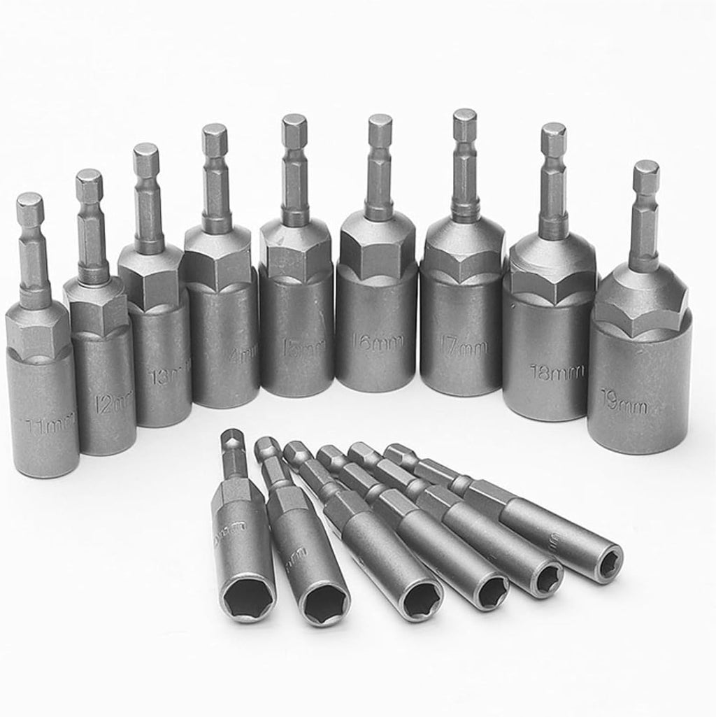 1Pcs Deep Hex Socket Nut Driver Drill 1/4' Hex Shank Impact Socket Adapter 80mm Length Screwdrivers Bits 5.5-19mm(14pcs 6mm-19mm)