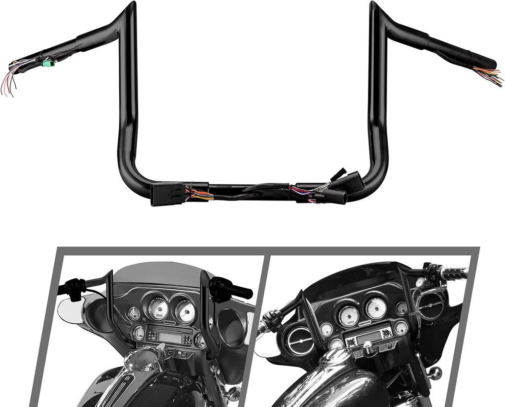 Mofun 10' Rise Pre-Wired Handlebars Ape Hangers 1 1/4' Fat 1' Clamp Compatible with Harley Touring Street Glide Electra Glide Ultra Limited, 2008-2013 Black