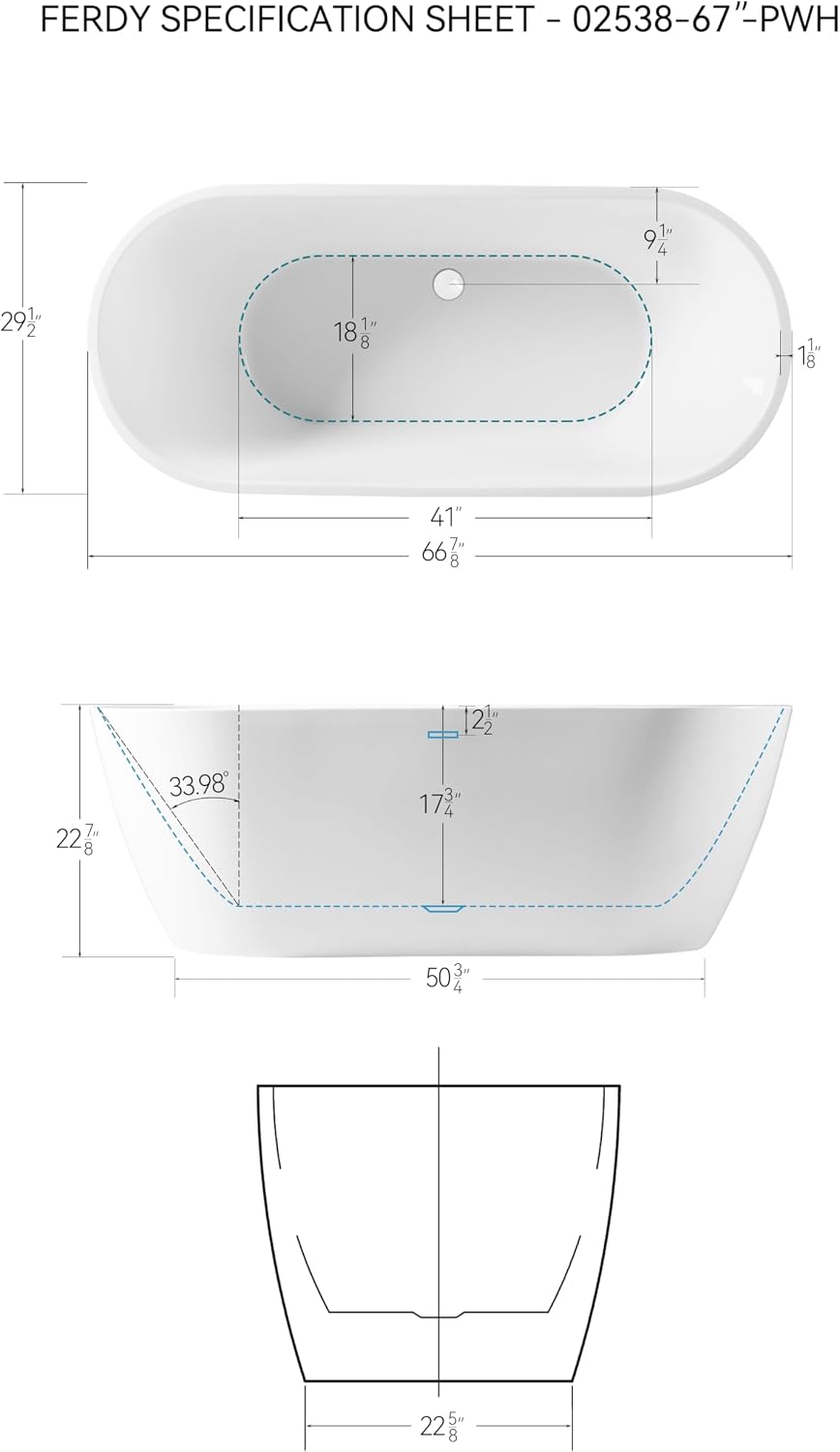 FerdY 67' Bali Acrylic Freestanding Bathtub, Gracefully Shaped Freestanding Soaking Bathtub, cUPC Certified, Toe-Tap Polished White Drain and Minimalist Linear Design Overflow Included
