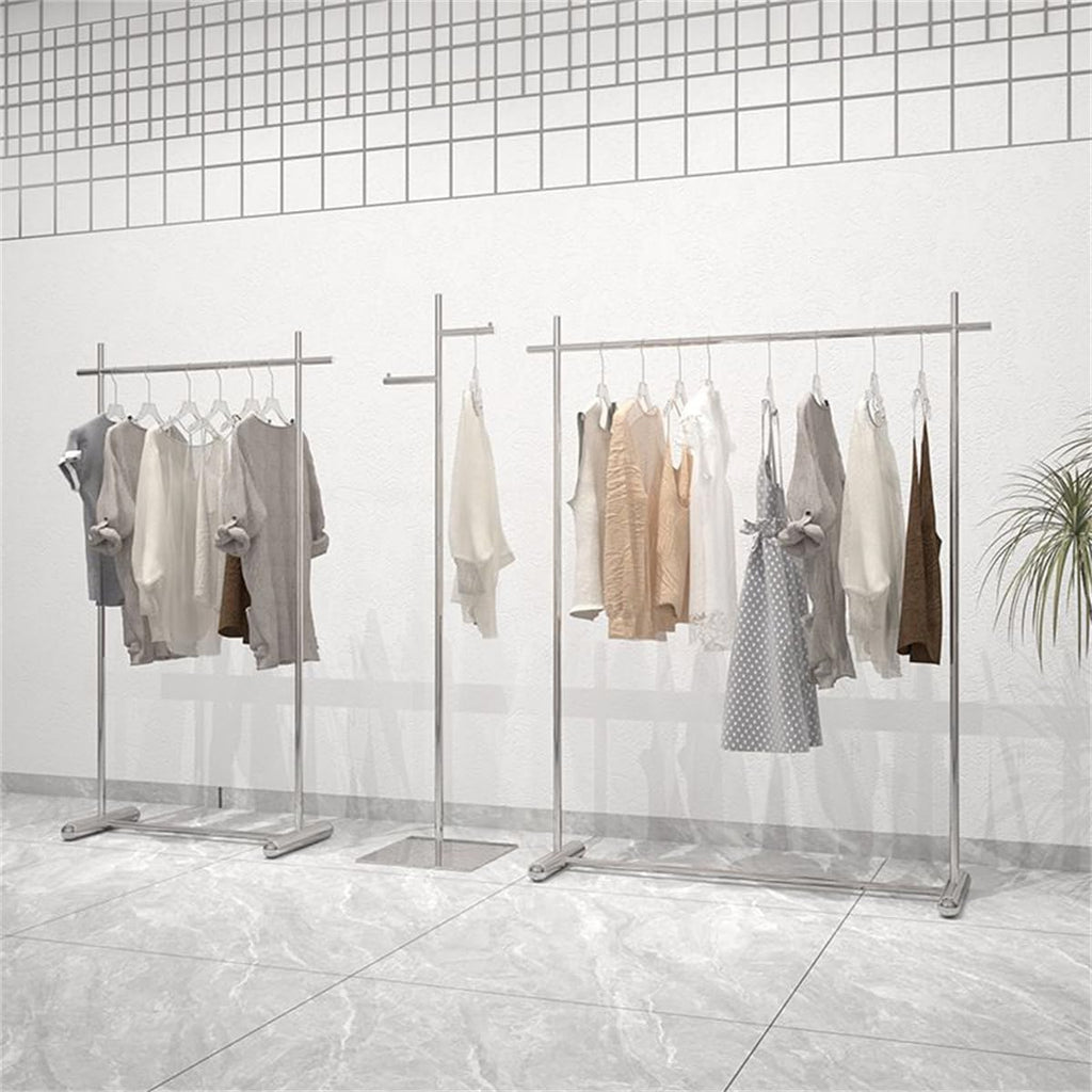 Freestanding Chrome Stainless Steel Coat Rack with Stand Clothing Store Display Rack Floor-standing Women Clothing Stainless Steel Horizontal Bar Shelf Island Hanger Silver 46'L x 16'W x 59'H