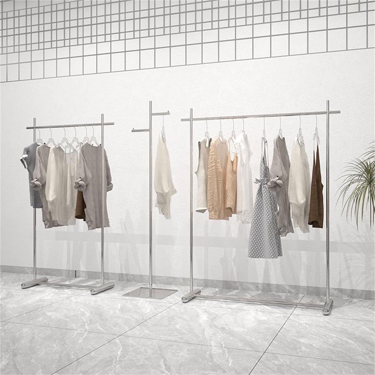 Freestanding Chrome Stainless Steel Coat Rack with Stand Clothing Store Display Rack Floor-standing Women Clothing Stainless Steel Horizontal Bar Shelf Island Hanger Silver 46'L x 16'W x 59'H