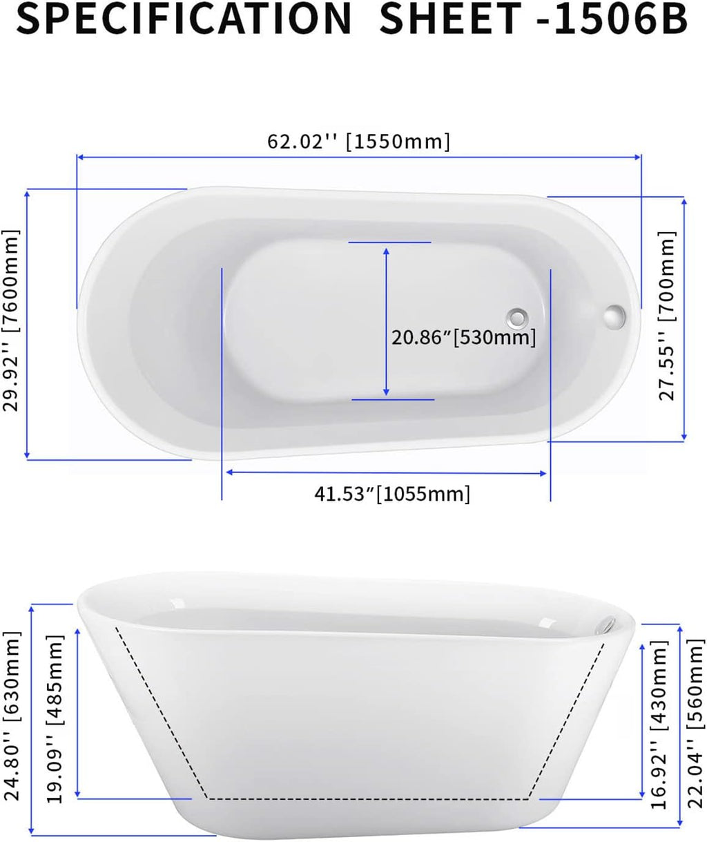 61' Acrylic Freestanding Bathtub, Single Slipper Free Standing Tub, Soaking Tub with Integrated Slotted Overflow, Toe-Tap Chrome Drain, cUPC Certified, Glossy White