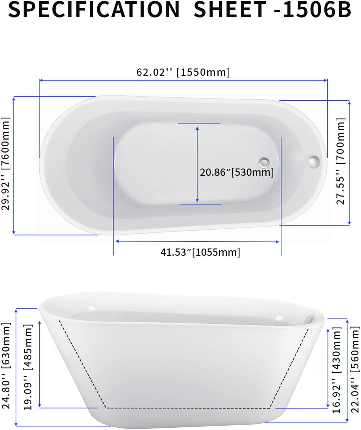 61' Acrylic Freestanding Bathtub, Single Slipper Free Standing Tub, Soaking Tub with Integrated Slotted Overflow, Toe-Tap Chrome Drain, cUPC Certified, Glossy White