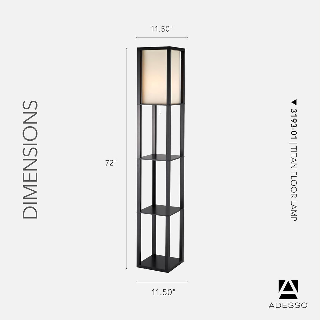 Adesso Square Floor Lamp with 3-Tier Open Shelves, Black Base, Fabric Shade, 72' T x 10.5' W, Extended Length Cord, Enhances Room Decor and Home Lighting