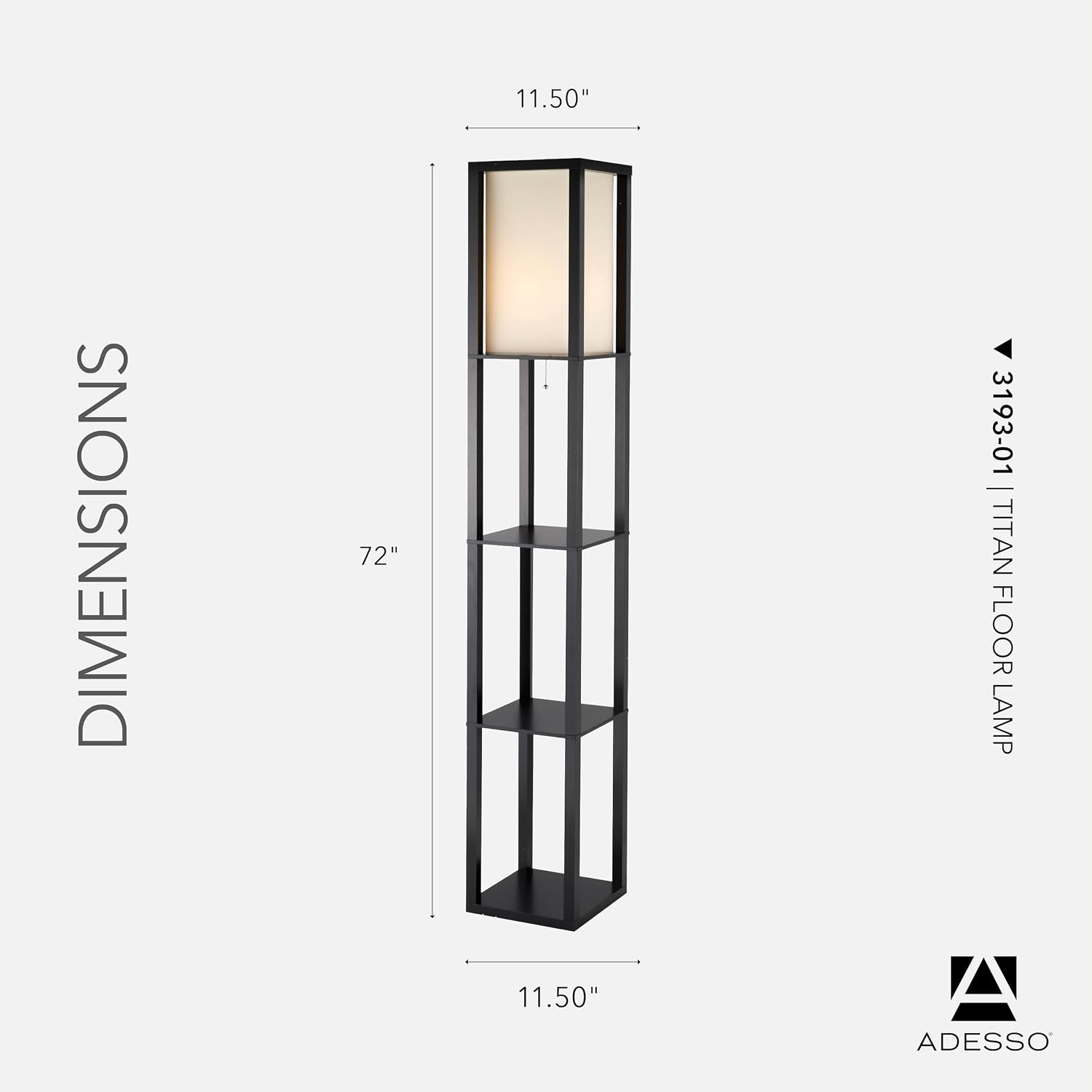 Adesso Square Floor Lamp with 3-Tier Open Shelves, Black Base, Fabric Shade, 72' T x 10.5' W, Extended Length Cord, Enhances Room Decor and Home Lighting