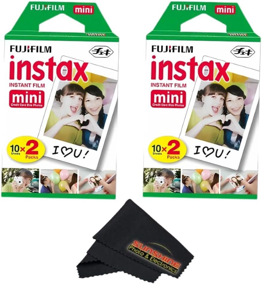Fujifilm Instax Mini 12 Camera (Clay White) with Fujifilm Instant Mini Film (40 Sheets) Bundle with + Sunshine Photo Microfiber Cleaning Cloth