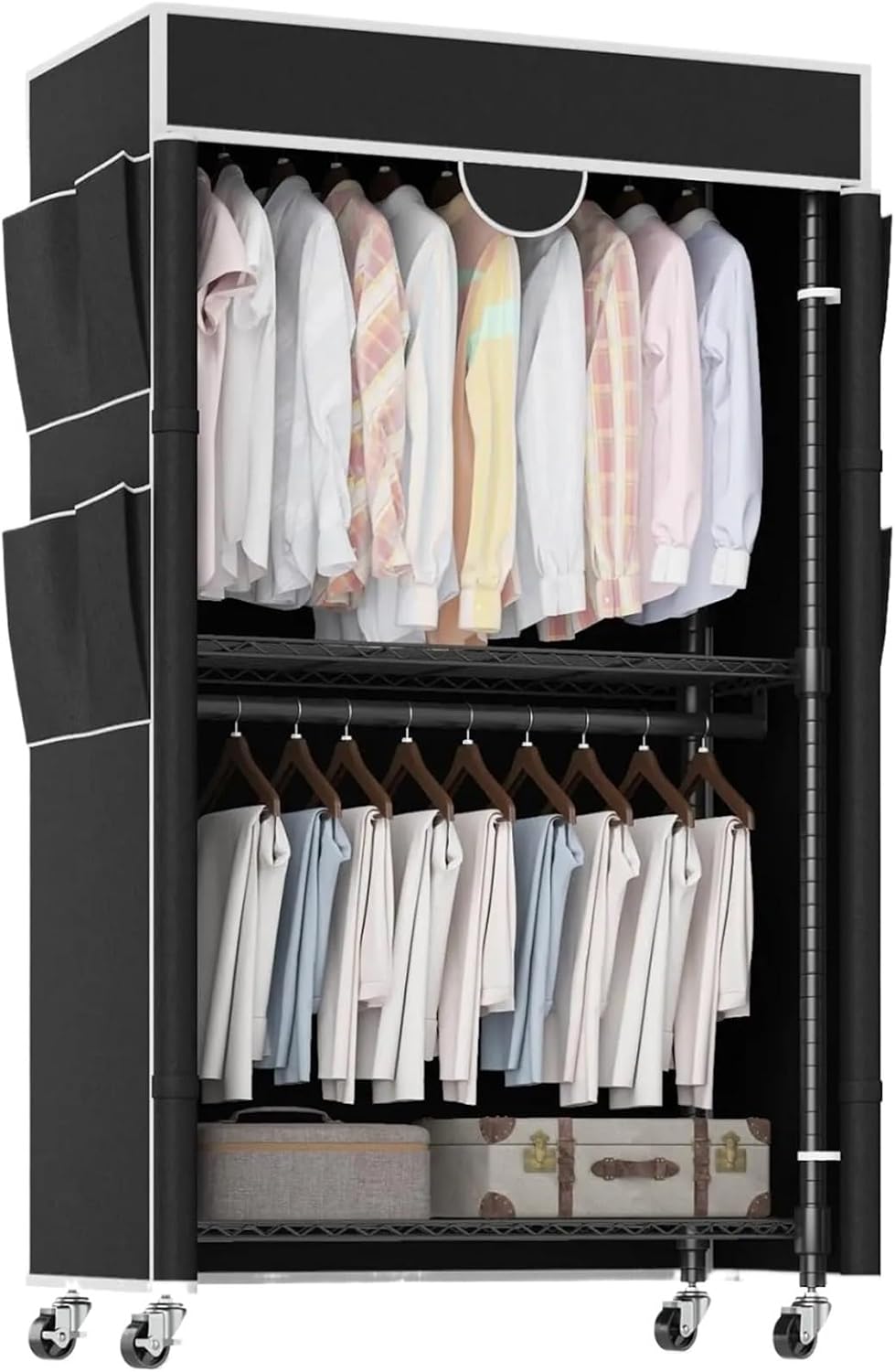 Portable Closet Rolling Garment Rack with Cover, Heavy Duty Clothing Rack for Hanging Clothes, Portable Closet Wardrobe with Adjustable Shelves(Black)