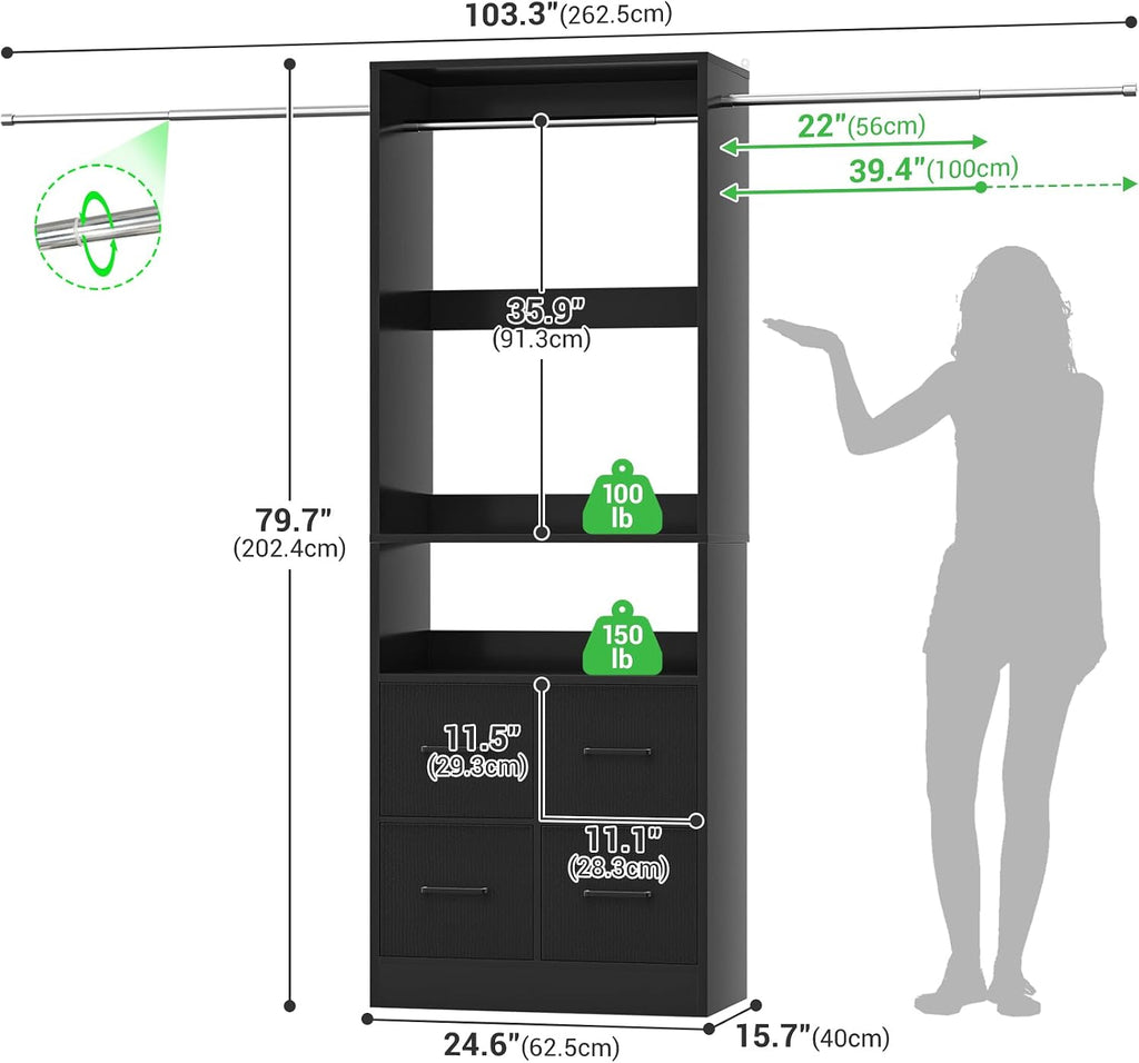 8FT Closet System, 96 Inch Closet Organizer System with 4 Fabric drawers, Heavy Duty Clothing Rack with Hanging Rods, Walk In Mounted Closet System, Built-In Clothes Garment Rack, Black