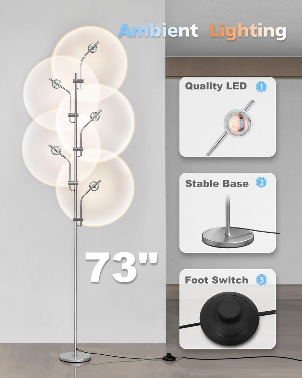 DENGALA Halo Projector Floor Lamp - 4000K LED Multi Head Floor Lamp with RGB Filters - Sunset Projection Ambient Lighting - Mood Corner Lamp for Bedroom,Living Room - Chrome