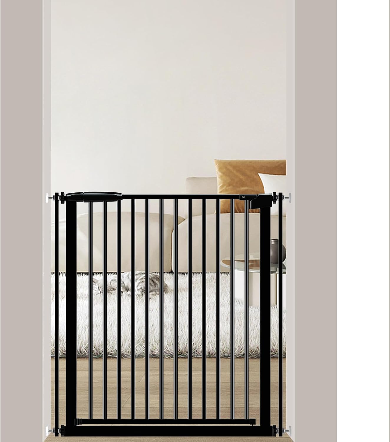 DEARBB Extra Wide Baby Gate Ultra Narrow Spacing 30.11-77.36' Pressure Mounted Double Lock Swing Auto Close Walk Through Metal Safety Pet Gate for Stairs and House Doorway Kitchen