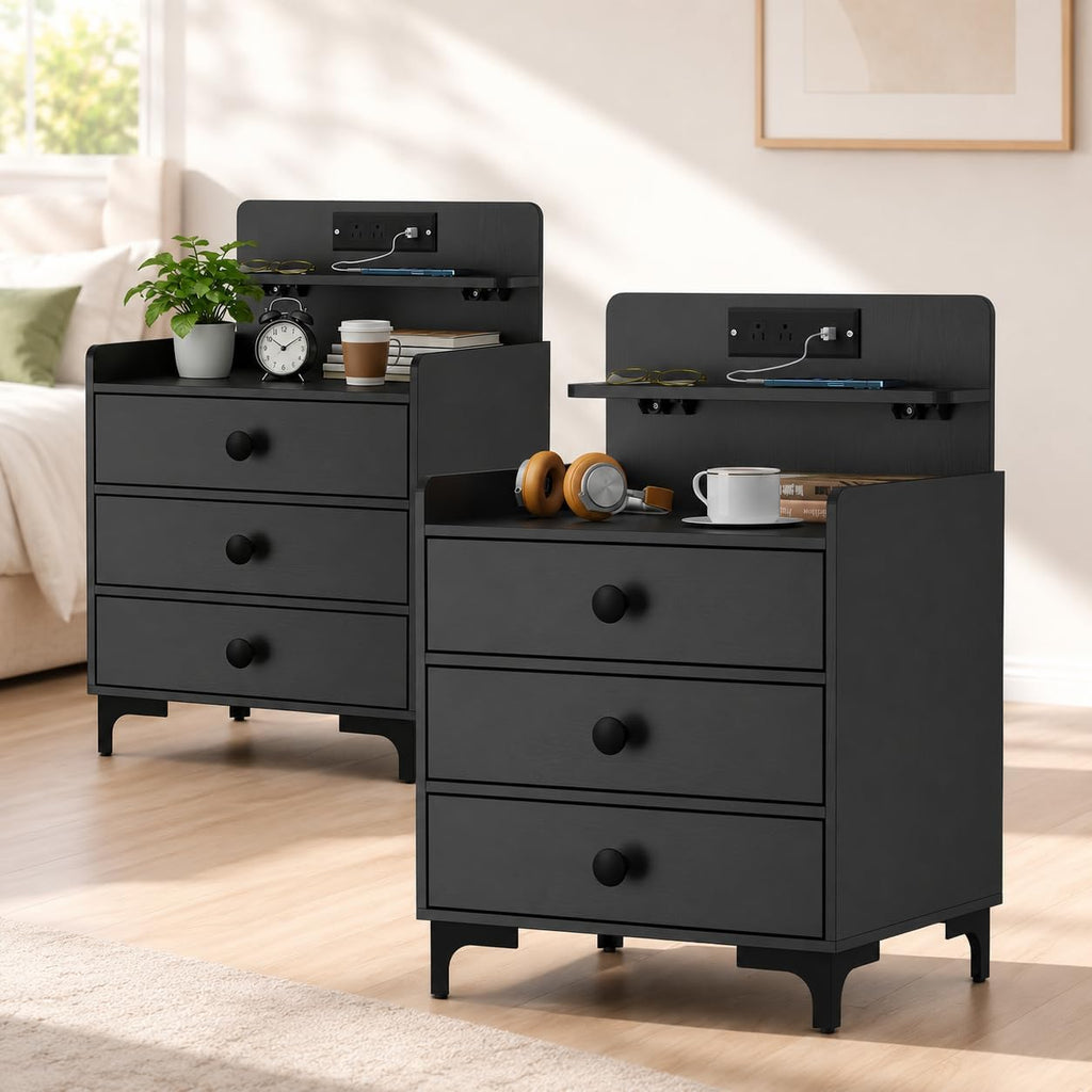 Rreyet 29' Nightstand Set of 2, 3 Drawers, Black | Charging Station, Button Handle, Smooth Sliding, Enhanced Storage, For Bedroom, Sofa Side