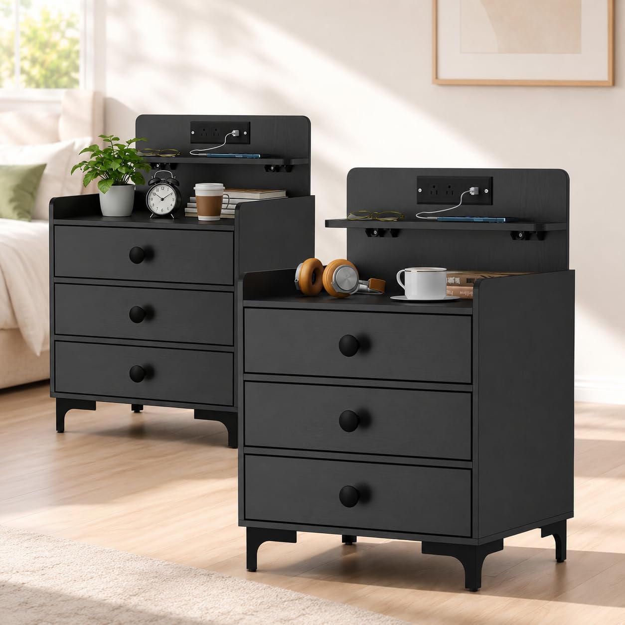Rreyet 29' Nightstand Set of 2, 3 Drawers, Black | Charging Station, Button Handle, Smooth Sliding, Enhanced Storage, For Bedroom, Sofa Side