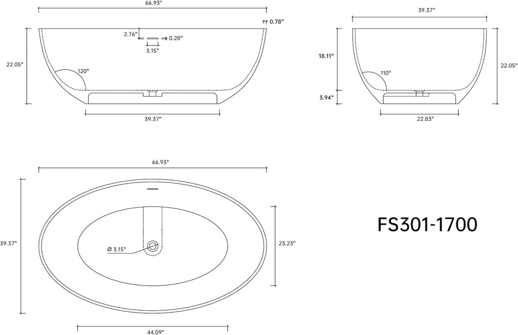 67' Premium Freestanding Bathtub Solid Surface Soaking Tub with Overflow and Pop-up Drain, Matte White