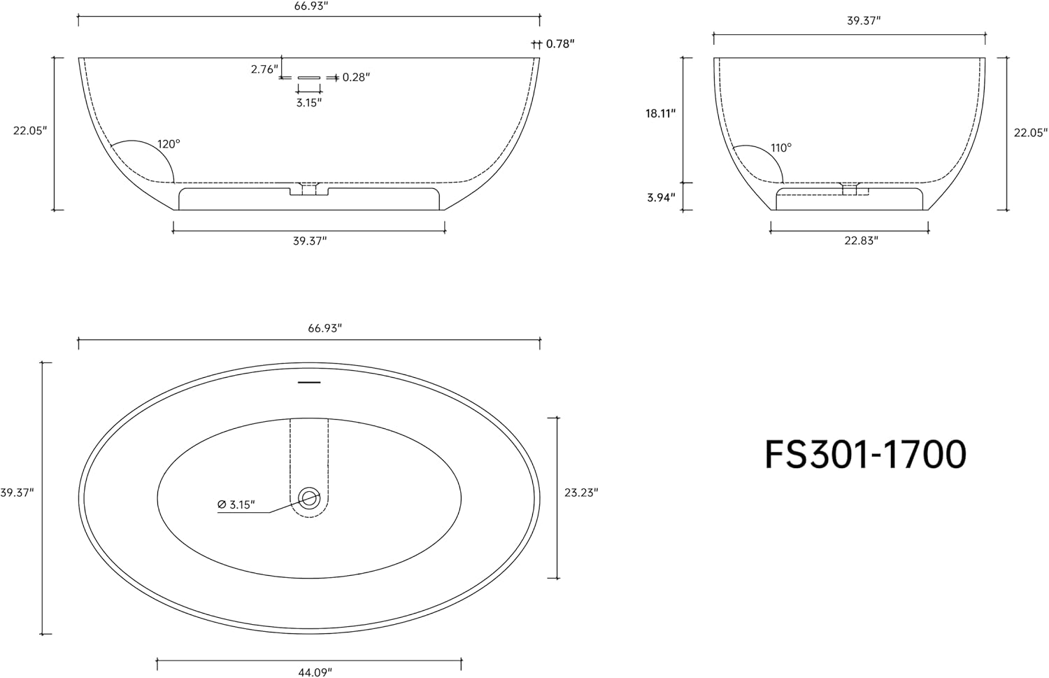 67' Premium Freestanding Bathtub Solid Surface Soaking Tub with Overflow and Pop-up Drain, Matte White