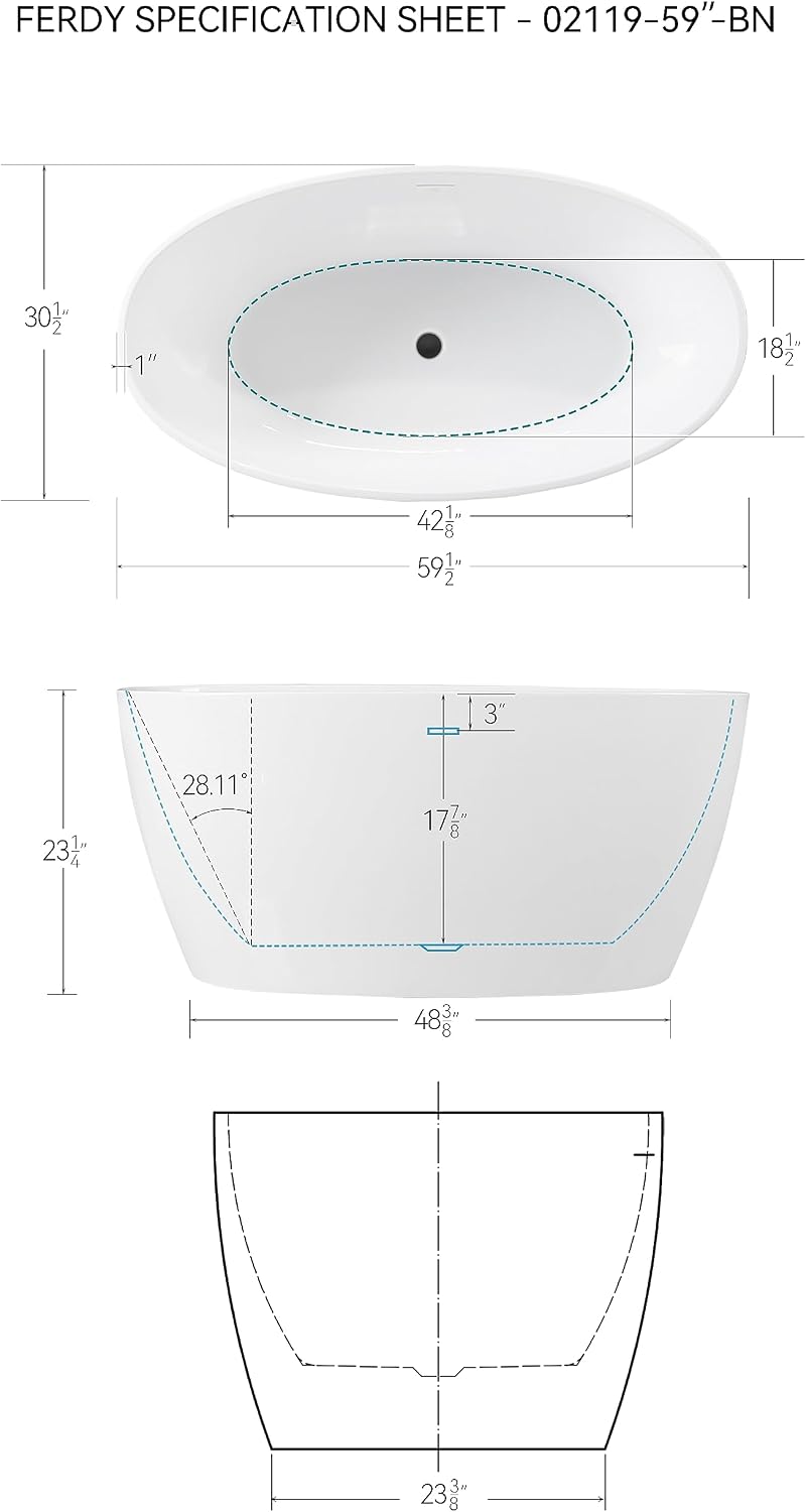 FerdY 59' Acrylic Freestanding Bathtub, Contemporary Soaking tub with Matte Black Drain & Overflow, cUPC Certified, Elegant Oval Shape, Tahiti