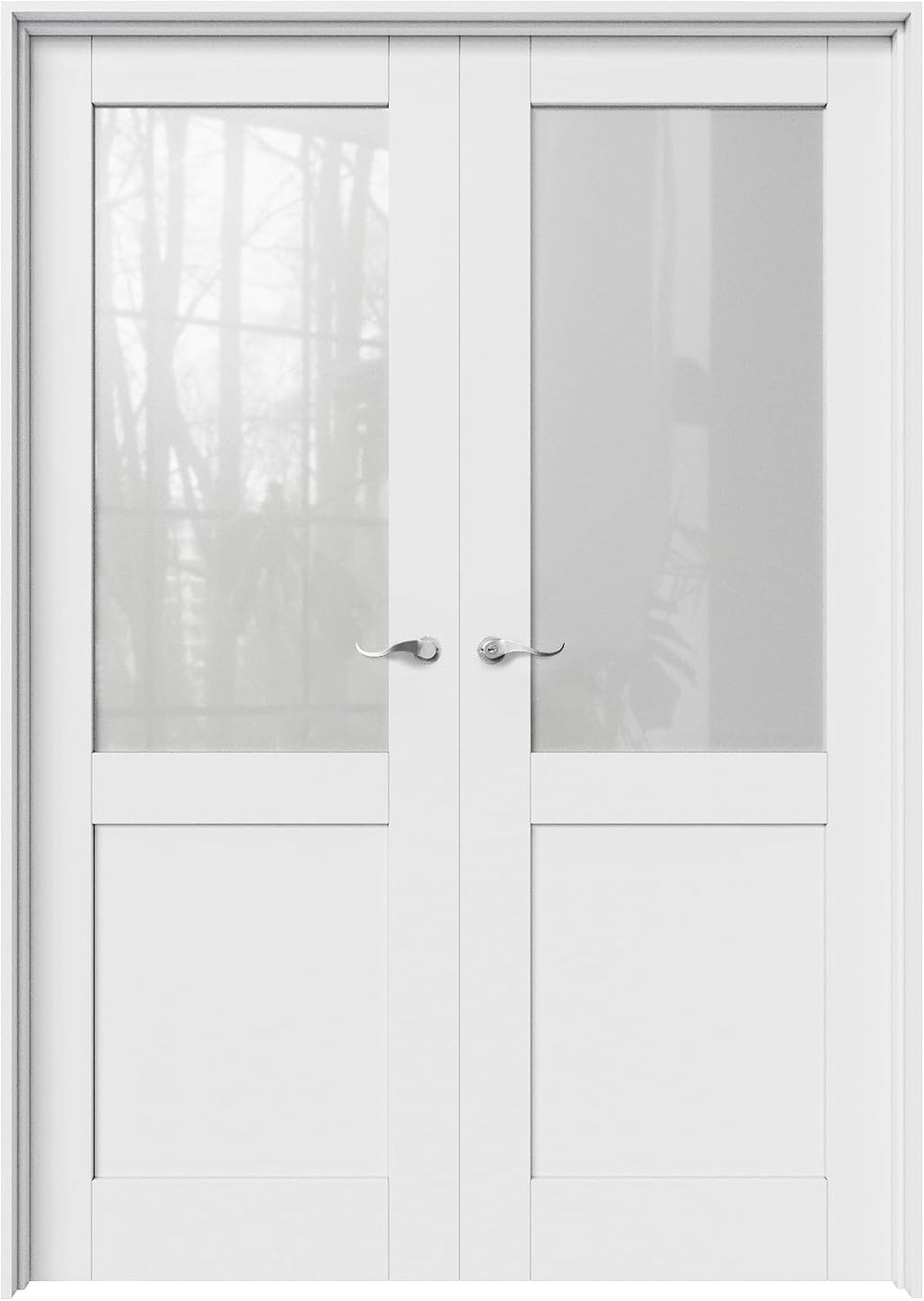56' x 80' French Doors Interior (Double 28' x 80' Half Frosted Glass Door with Silver Hinge Prehung Jamb Kit), Pre-Finished & Paintable, Prebuilt Home Door Slabs & Assembly Required Jamb