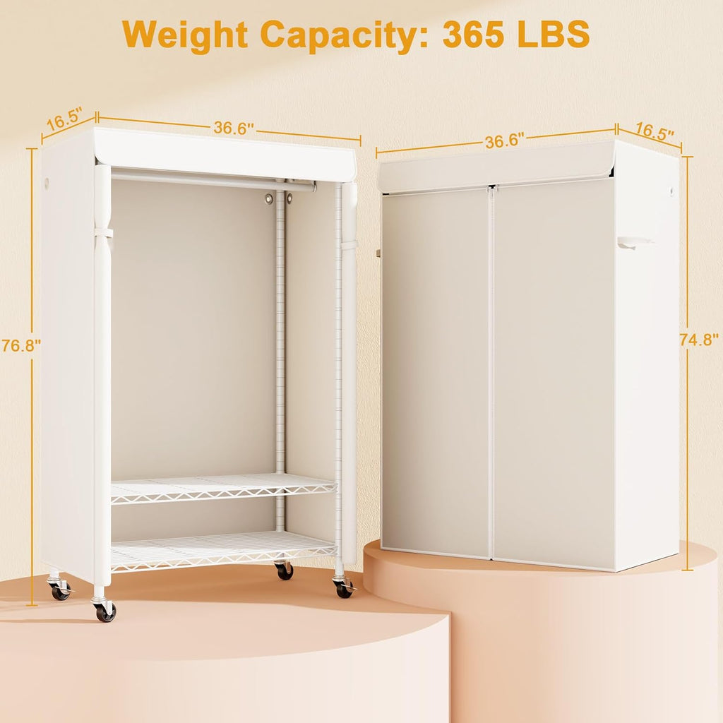 ULIFHOME P6C Rolling Clothes Rack with Cover, Covered Clothing Racks Heavy Duty, Portable Closet for Hanging Clothes, Garment Racks on Wheels, White Closet Rack with White Cover, Max Load 365LBS