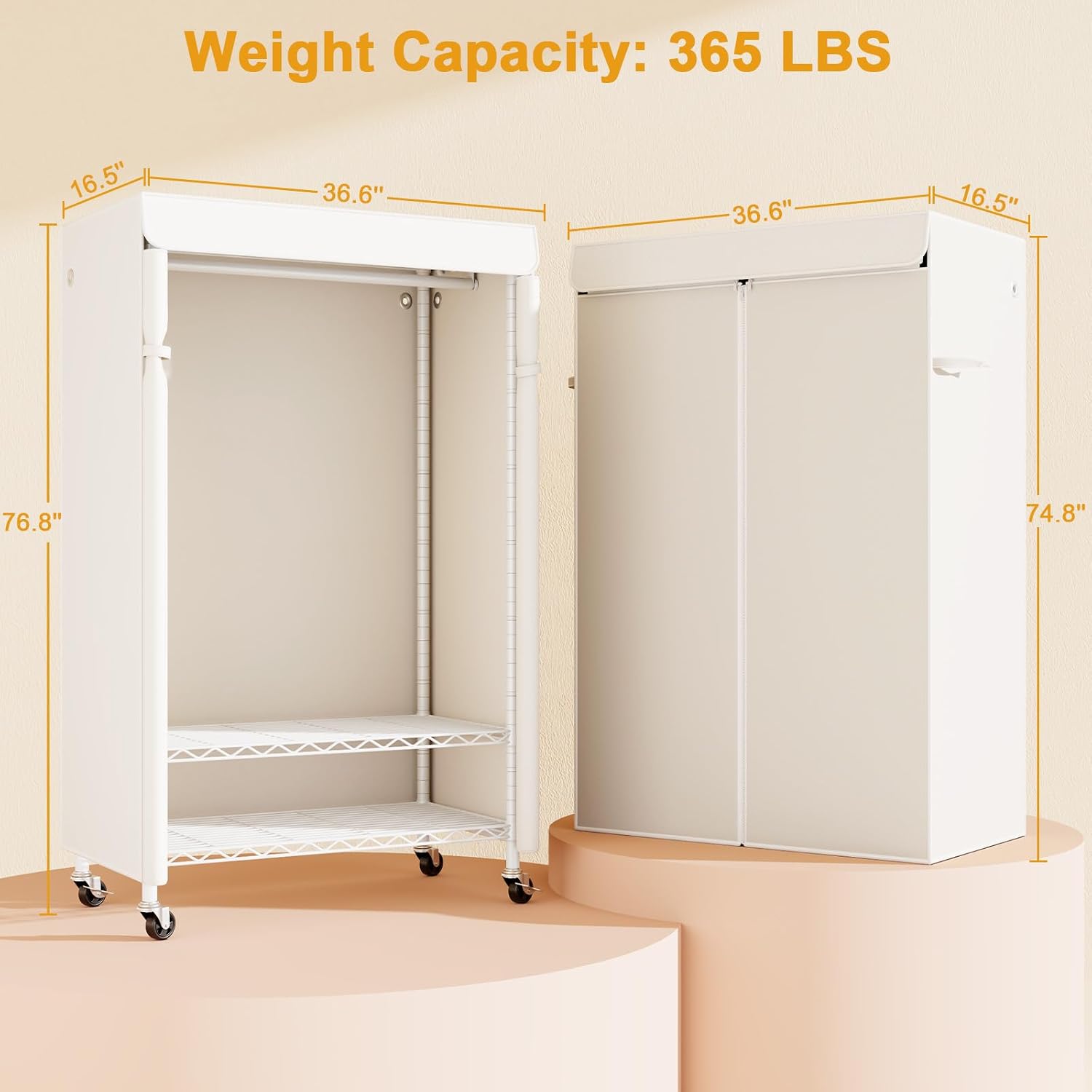 ULIFHOME P6C Rolling Clothes Rack with Cover, Covered Clothing Racks Heavy Duty, Portable Closet for Hanging Clothes, Garment Racks on Wheels, White Closet Rack with White Cover, Max Load 365LBS