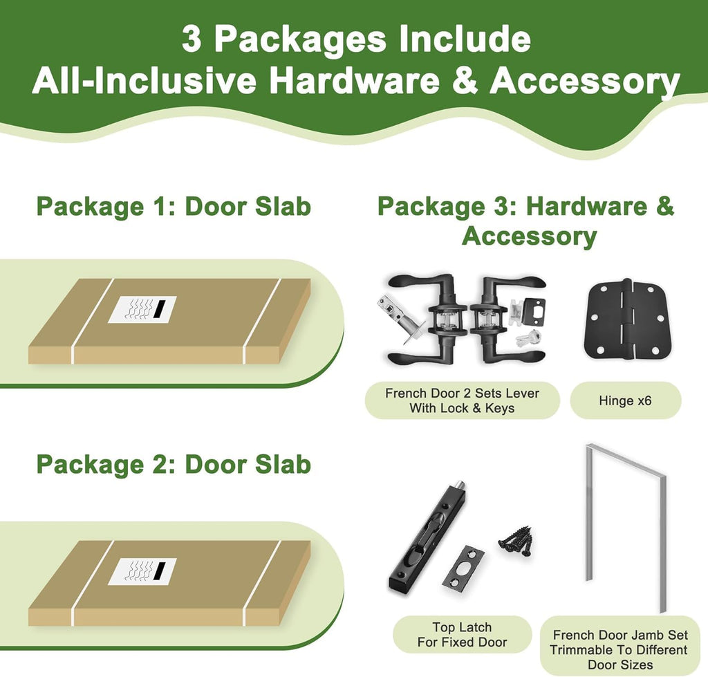 36' x 80' French Doors Interior (Double 18' x 80' Frosted Glass Door with Black Hinge Prehung Jamb Kit), Pre-Finished & Paintable, Prebuilt Home Door Panels & Assembly Required Jamb