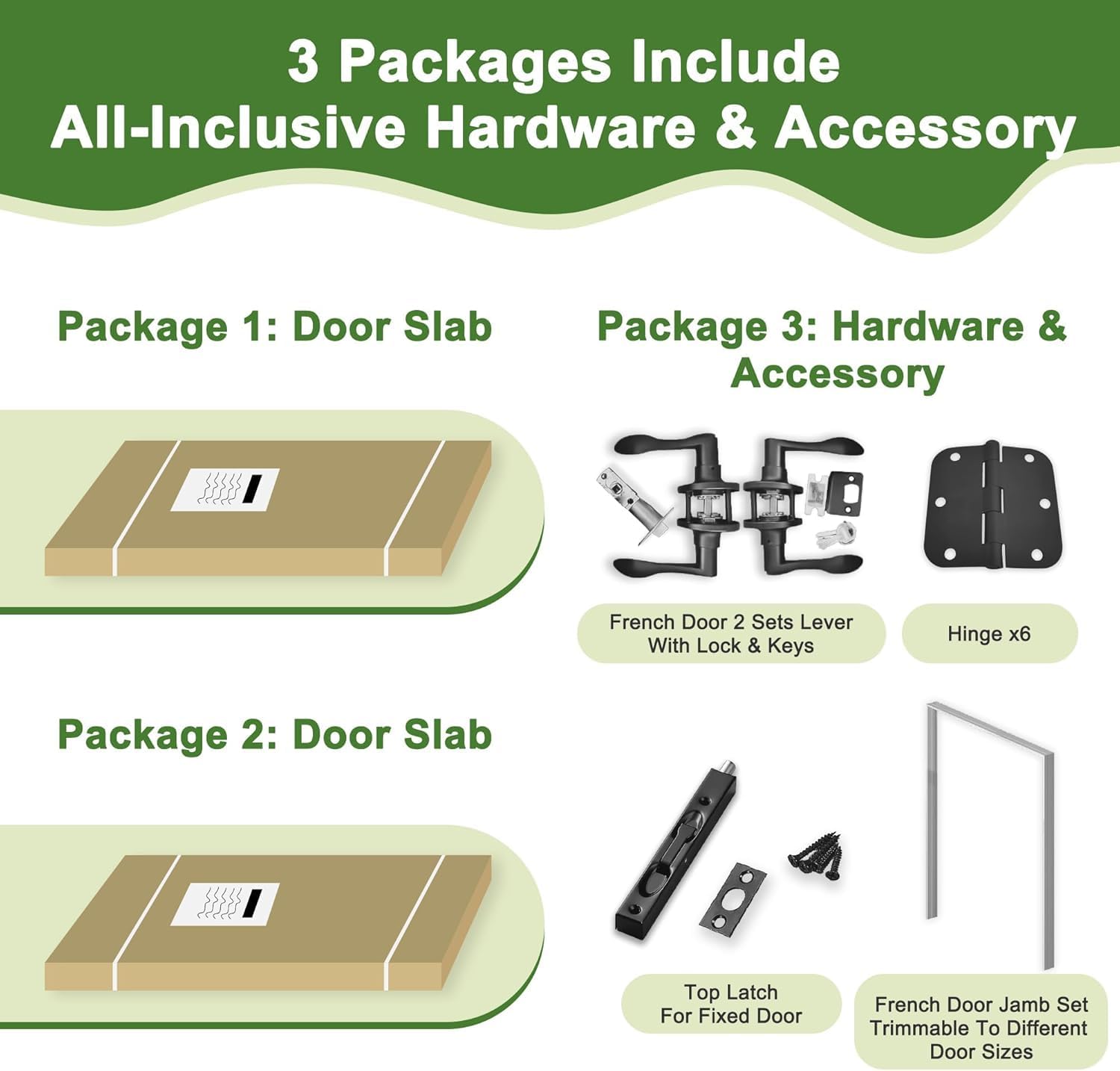 36' x 80' French Doors Interior (Double 18' x 80' Frosted Glass Door with Black Hinge Prehung Jamb Kit), Pre-Finished & Paintable, Prebuilt Home Door Panels & Assembly Required Jamb