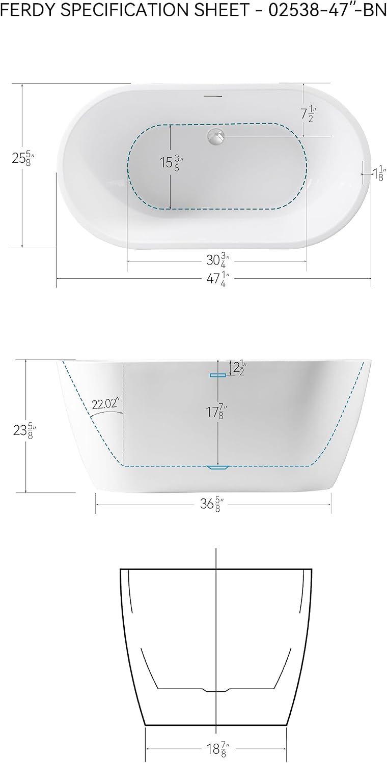 FerdY 47' Bali Acrylic Freestanding Bathtub, Gracefully Shaped Freestanding Soaking Bathtub, cUPC Certified, Toe-Tap Polished Chrome Drain and Minimalist Linear Design Overflow Included
