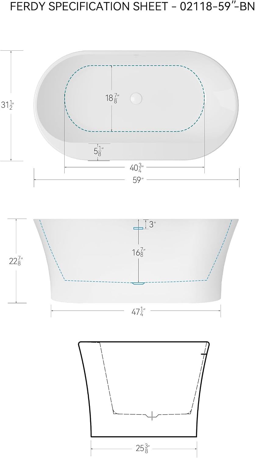 FerdY Mauritius 59' Acrylic Freestanding Tub, Oval Contemporary Soaker Tub, Extra Deep Bathtub, Gloss White Drainage and Minimalist Linear Design Overflow, Modern White, cUPC Certified