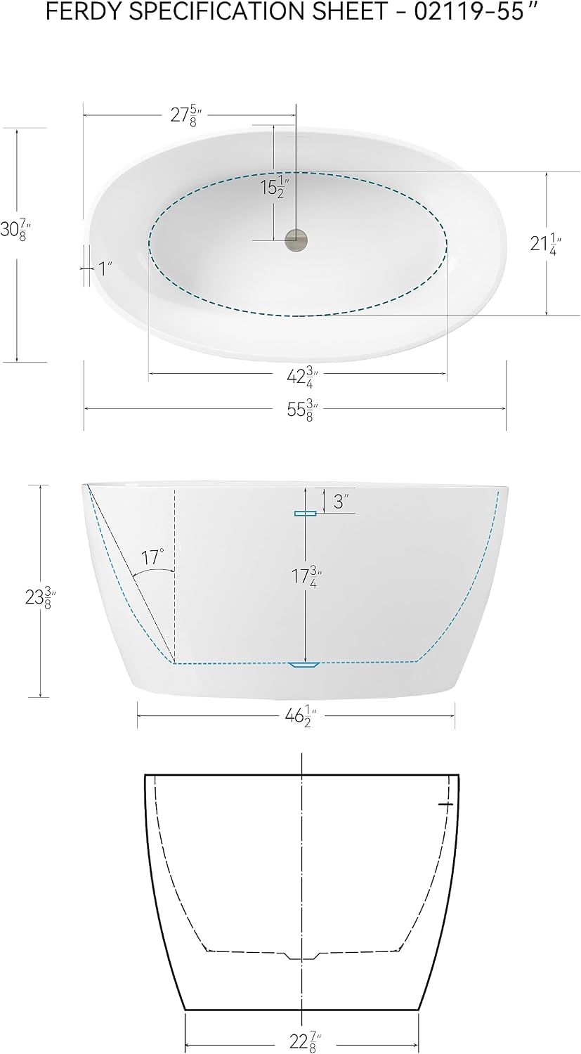 FerdY Tahiti 55' Acrylic Freestanding Bathtub, Elegant Oval Shape Soaking Bathtub, Glossy White, Brushed Nickel Drain & Integrated Slotted Overflow Assembly Included cUPC Certified