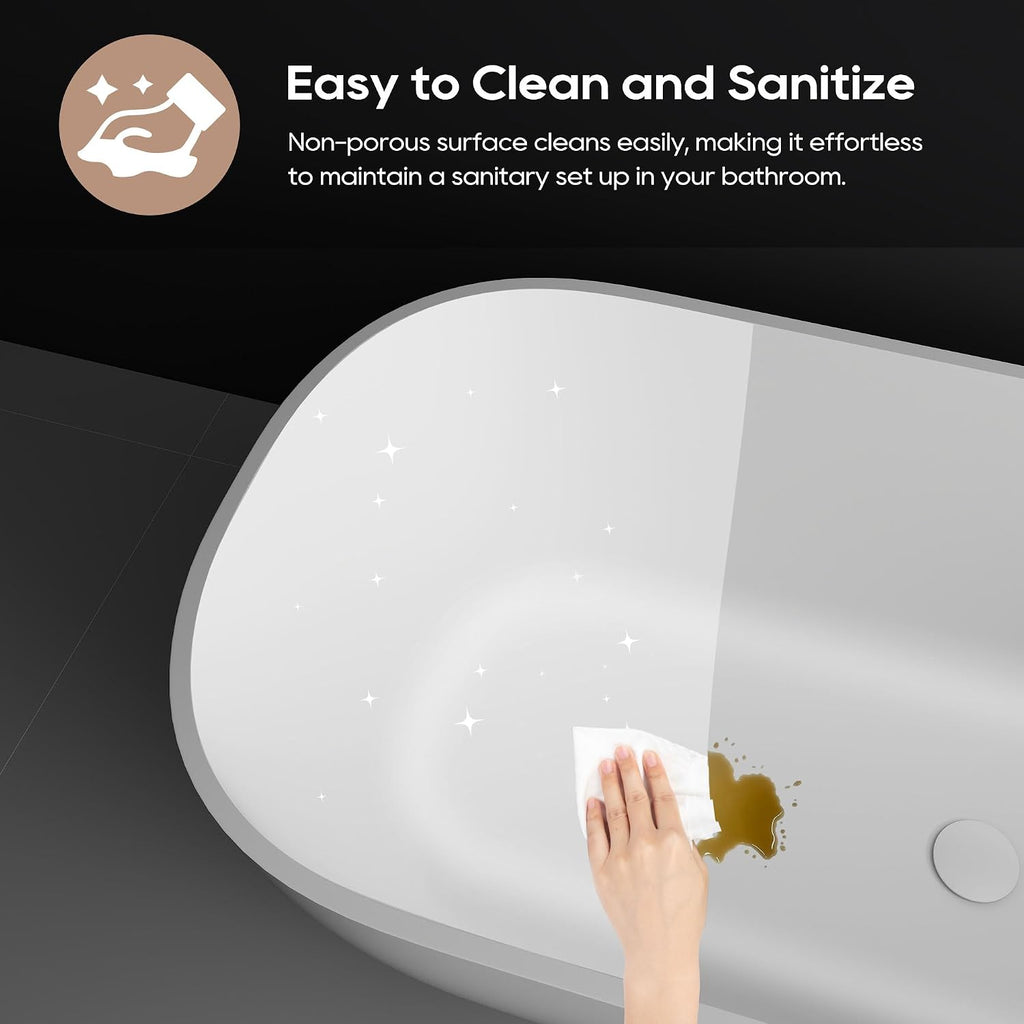 SJ STAR&JANE Solid Surface Freestanding Bathtub, 67' Oval Soaking Tub with Overflow & Pop-up Drain, Matte White Finish for Bathrooms