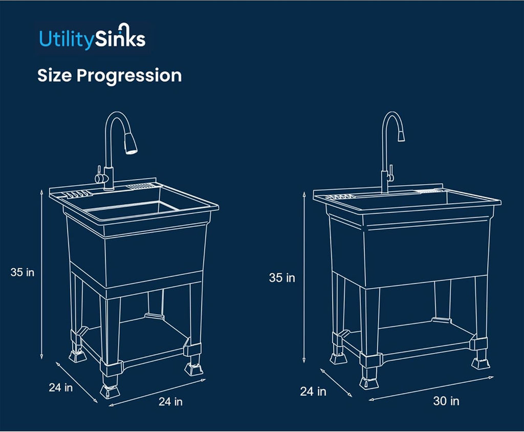 UTILITYSINKS Freestanding Utility Tub Sink with Quick Connect Drain, 24 x 24', Black - Portable and Compact Sink with Faucet for Outdoor Kitchen, Laundry Room, Garage, and Basement