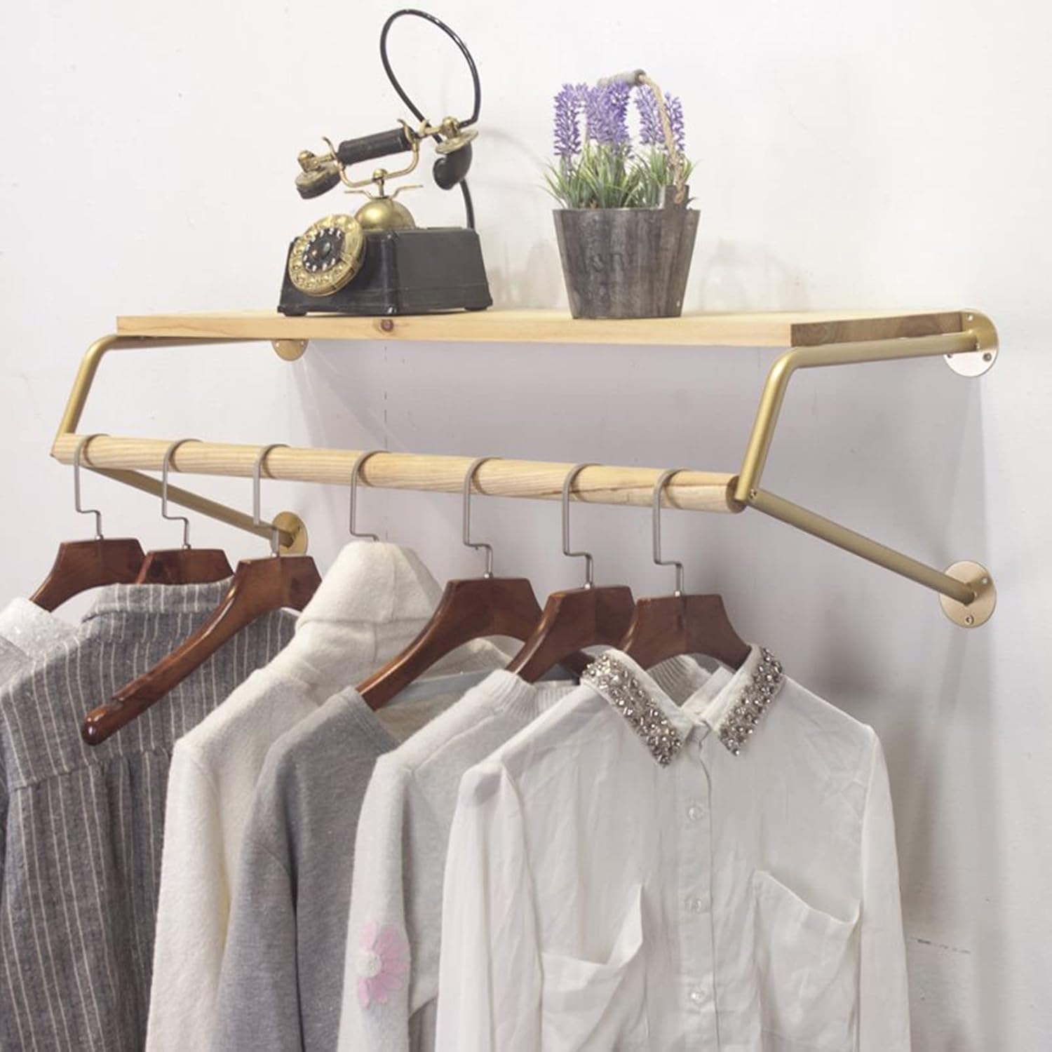 Industrial Pipe Clothing Rack, Display Garment Rack, Wall Mounted with Wooden Shelf Heavy Duty Clothes Hanging Rod Bar for Closet Storage, Space-Saving (Size : 80cm)