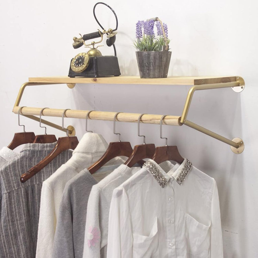 Industrial Pipe Clothing Rack, Display Garment Rack, Wall Mounted with Wooden Shelf Heavy Duty Clothes Hanging Rod Bar for Closet Storage, Space-Saving (Size : 120cm)