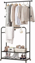 Heavy duty Garment rack Double Rods Clothes Rack With Wheels, Heavy Duty Metal Clothing Rack For Hanging Clothes, Multi-functional Coat Rack With 2 Shelves And 4 Hooks,Clothes Organi (Black 100X30X17