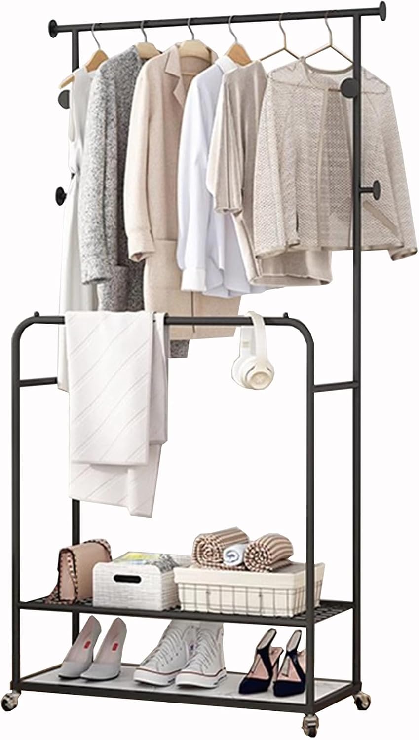 Heavy duty Garment rack Double Rods Clothes Rack With Wheels, Heavy Duty Metal Clothing Rack For Hanging Clothes, Multi-functional Coat Rack With 2 Shelves And 4 Hooks,Clothes Organi (Black 100X30X17