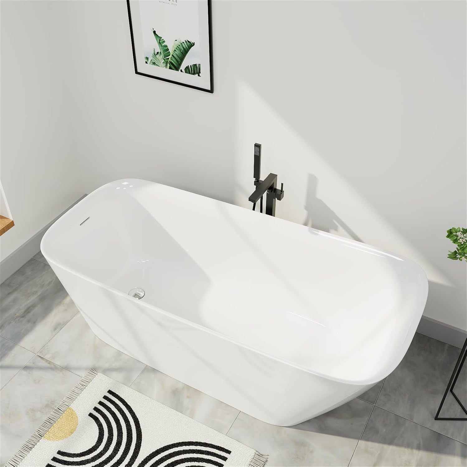 59' Acrylic Freestanding Bathtub, Single Slipper Free Standing Tub, Soaking Tub with Integrated Slotted Overflow, Toe-Tap Chrome Drain, cUPC Certified, Glossy White