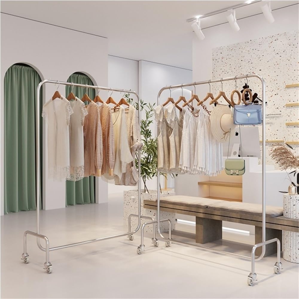 Metal Garment Rack with Wheels, Rolling Heavy Duty Clothes Rack, Floor-Standing Silver Retail Display, Commercial Retail Clothing Rack for Clothing Store and Boutique(160cm/63in)