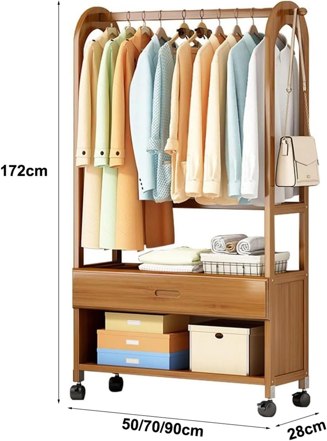 Rolling Clothes Rack with Drawer,Bamboo Garment Rack with Wheels,Freestanding Heavy Duty Clothing Hanging Rack for Entryway, Living Room, Bedroom,90cm