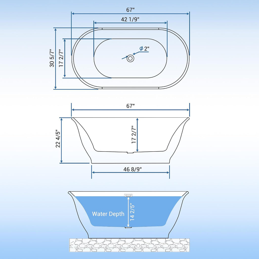 67 Inch Free Standing Tub, Modern Luxury Oval Soaking Tub, Acrylic Stand Alone Bathtub with Chrome Drain, Grey White Finish for Contemporary Bathrooms