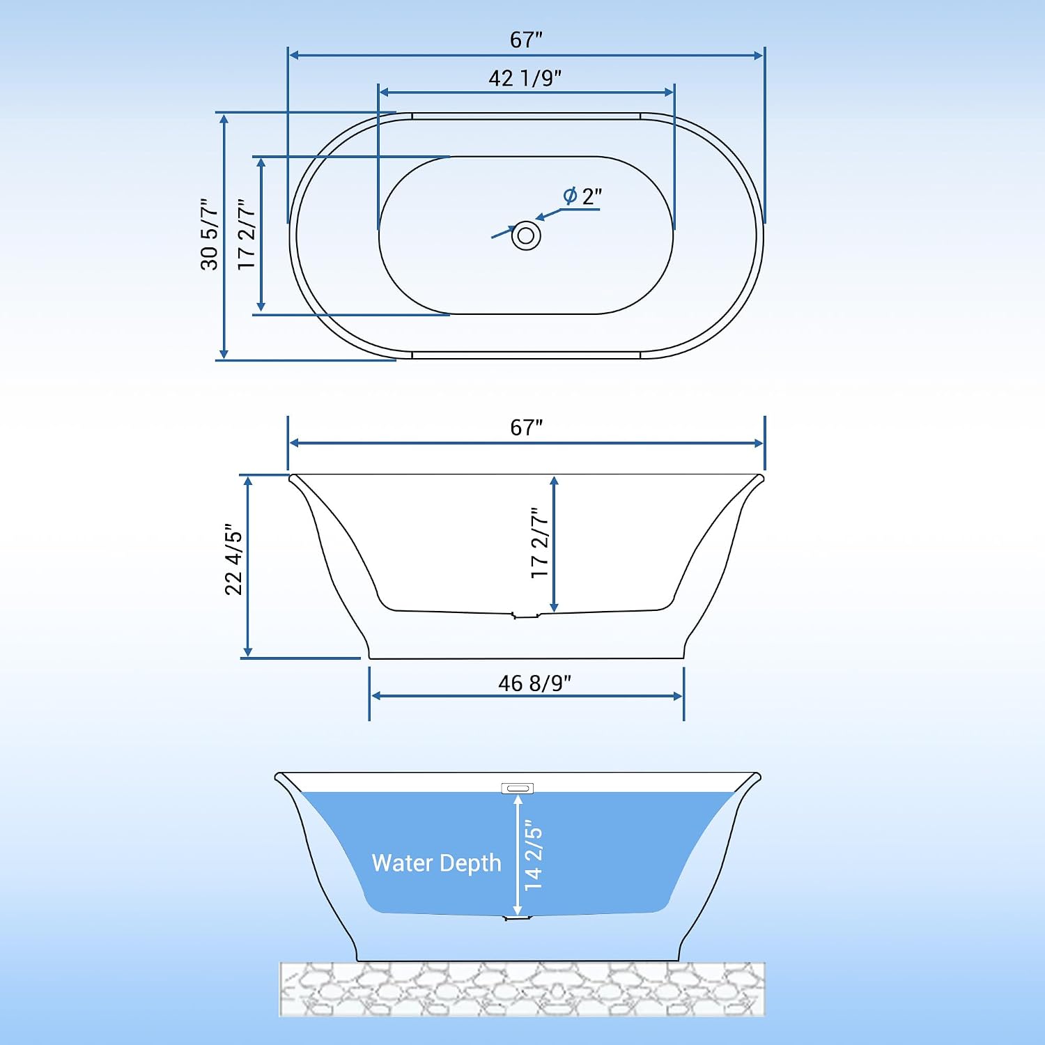 67 Inch Free Standing Tub, Modern Luxury Oval Soaking Tub, Acrylic Stand Alone Bathtub with Chrome Drain, Grey White Finish for Contemporary Bathrooms