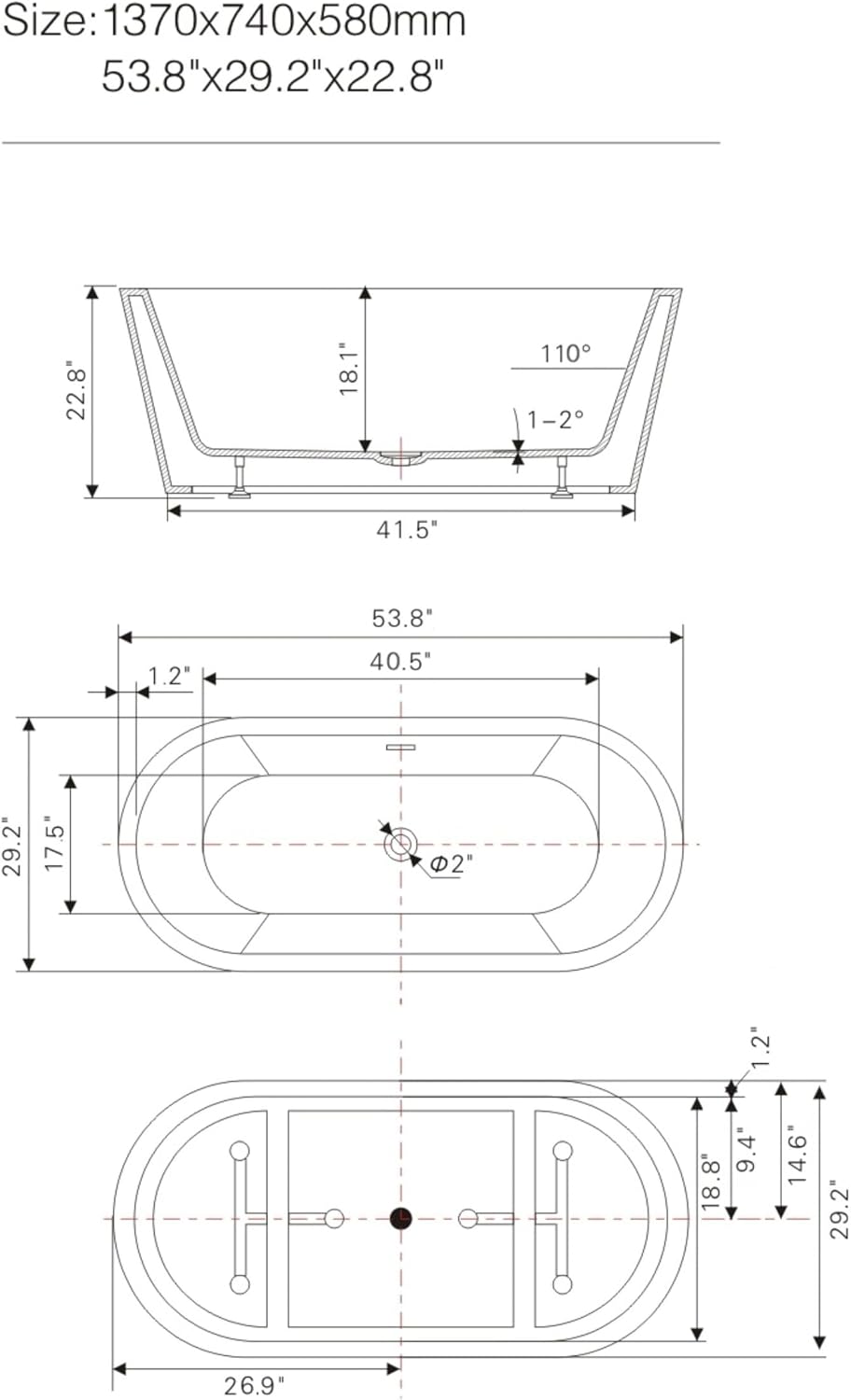 Vanity Art 59' Free Standing Tub Non-Slip Contemporary Design Freestanding Bathtub Soaking Tub with Overflow and Pop-up Drain, UPC Certified
